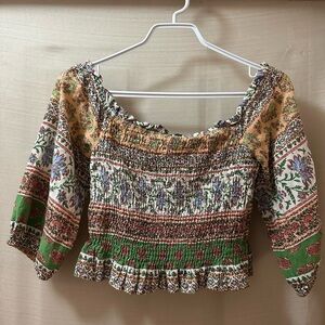 Zara Boho Smocked Floral Crop Top Peasant Blouse Puff Sleeve Size M